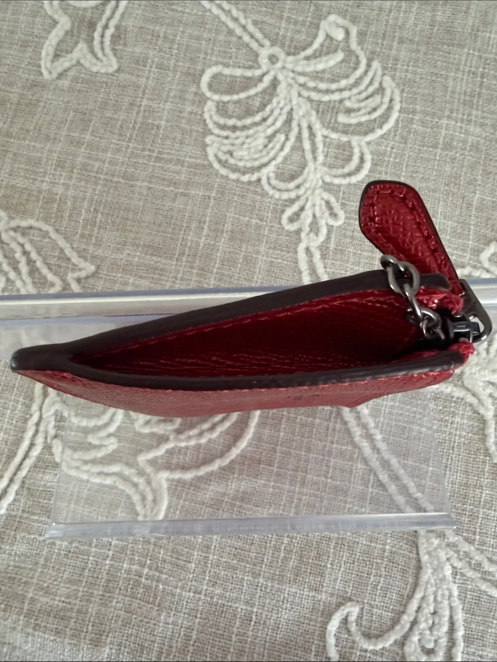 Coach Metallic Red Saffiano Leather Slim Zip Card Holder with Key Ring #F21072